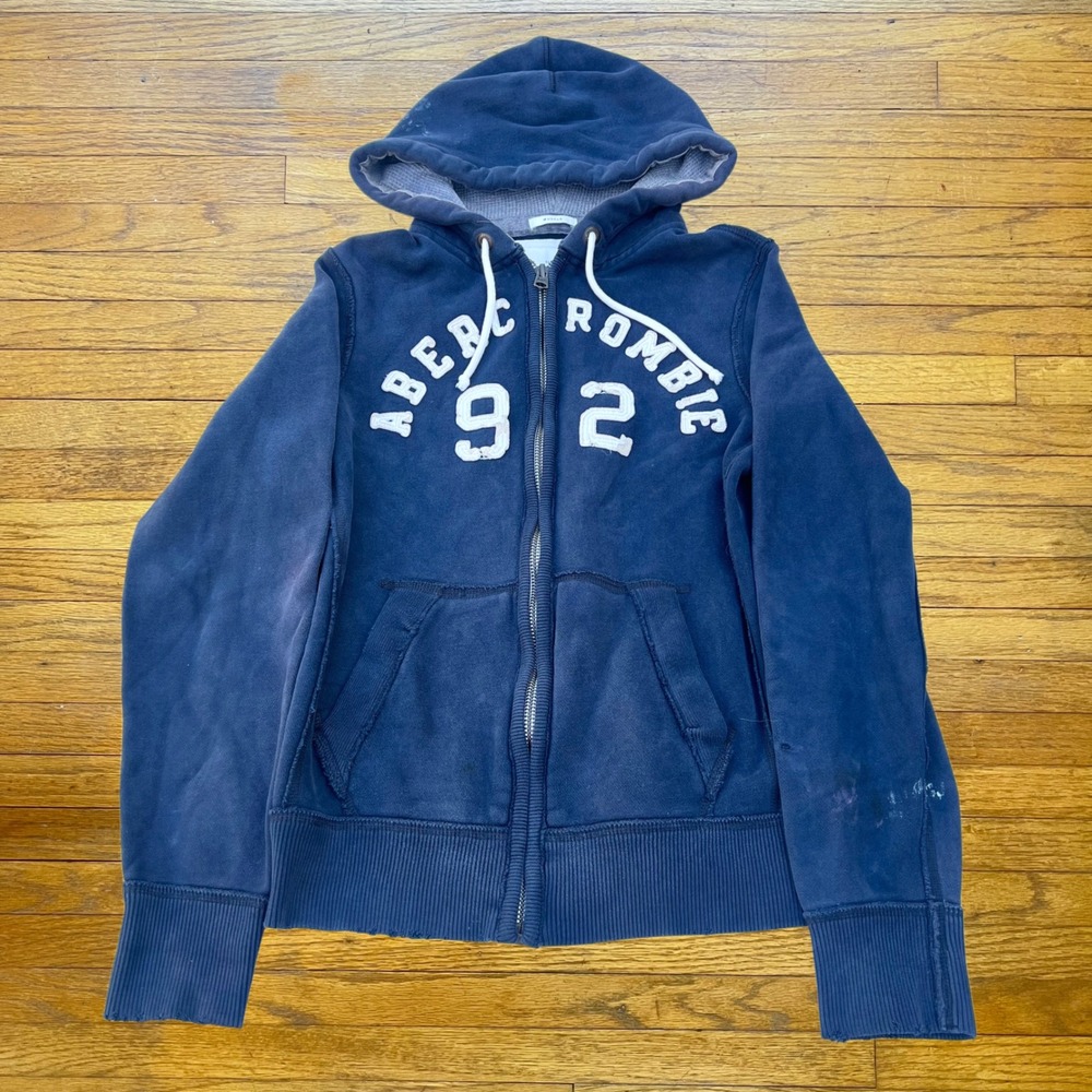 Abercrombie & Fitch Mens Muscle Zip Up Hoodie Navy Blue Logo Graphic Medium